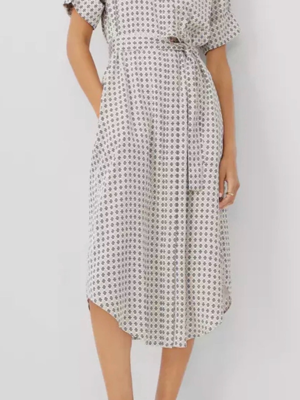 Ann Taylor White Printed High-Low Midi Dress with Tie Waist